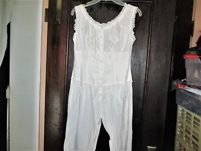 Vtg 80s White Cotton Lace One Pc Bloomers Corset Cover M Jumpsuit Button Front • $94.99