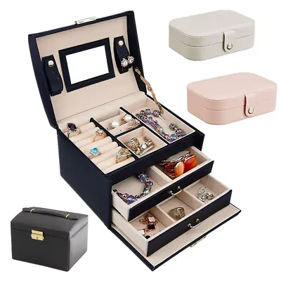 Large Jewellery Boxes Leather Storage Case Drawer Cabinet Necklace Organizer UK • £6.99