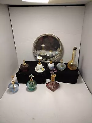 Lot Of 8 Vintage Antique Glass Perfume Bottles Empty DESIGNER PLUS SILVER TRAY • $75.11