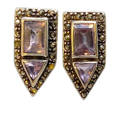 Art Deco Sterling Silver Marcasite Baguette  Triangle Amethyst  Earrings 3/4” • $75