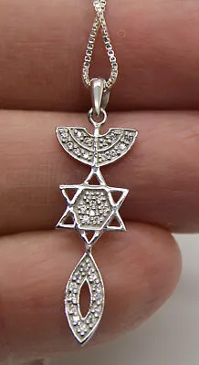 925 Silver Grafted In Star Menorah Fish Messianic Seal Pendant 18  Necklace CZ • $19.95