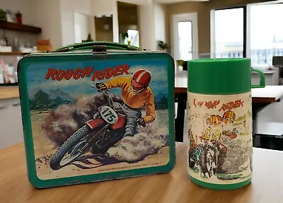 Vintage 70s Rough Rider Aladdin Metal Lunch Box & Thermos Motorcycle Dirt Bikes • $67.99