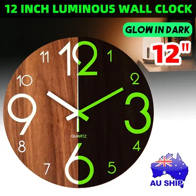 $17.95 • Buy 12  Luminous Wooden Quartz Wall Clock Silent Glow In The Dark Non-Ticking Home
