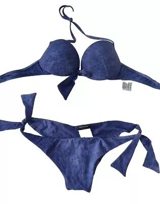 CALZEDONIA Cobey Bikini Denim Blue 34B Pushup Bra S Tie Brasilian Bottom Set • £27.96