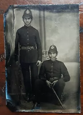 British Tintype Photo 2 Rifle Volunteer Man Helmet Military Uniform Gun • $8.50