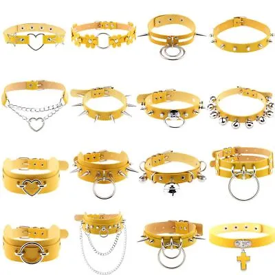 Gothic Punk Yellow PU Leather Spiked Rivet Ring Collar Stud Choker Necklace • £6.30