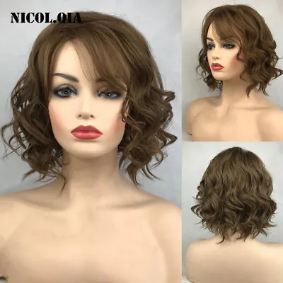 Medium Curly Wavy Brown Human Hair Blend Heat OK Wigs Women Natural Fashion Wigs • $26.19