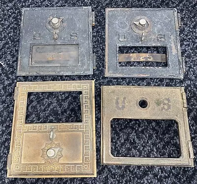 4 Antique Cast Brass USPS P.O. Box Doors Various Sizes Longest Side 6 1/4- 5 1/2 • $74.99