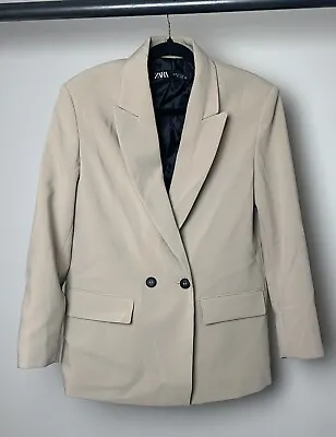 Zara Oversized Blazer Notched Lapel Double Breasted SZ XS Khaki Padded Shoulder • $50