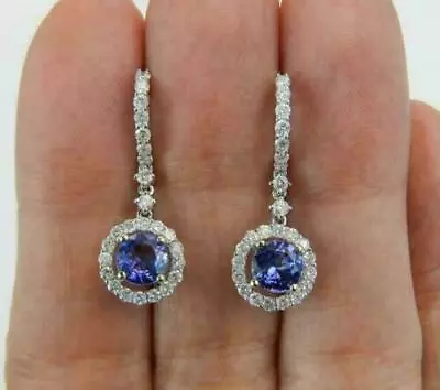 2.00Ct Round Natural Tanzanite Halo Dangle Earrings 14K White Gold Silver Plated • $242.99