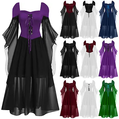 Halloween Womens Renaissance Medieval Gothic Witch Costume Lace Up Fancy Dress • £18.09