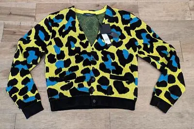 $2025 Mens Versace Daisy Leopard Cardigan Sweater Acid Lime 50 US Large • $389.15