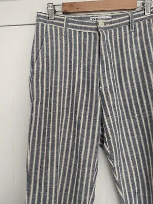 Zara Cropped Trousers UK Size 10-12 Cotton Blend Trousers W30 L26 Blue And White • £11.99
