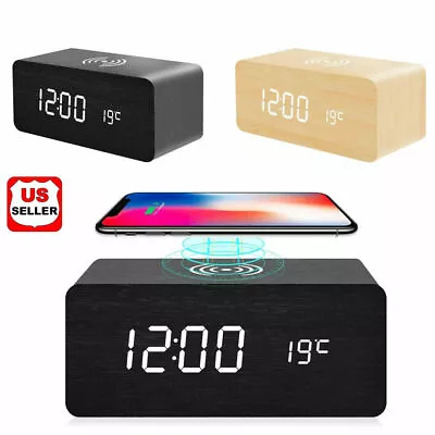 Modern Wooden Wood Digital LED Desk Alarm Clock Thermometer Qi Wireless Charger • $16.98