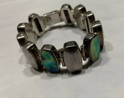 Vtg Mexican Sterling Silver Abalone Shell 1”W Link Bracelet South Western 7”L • $125