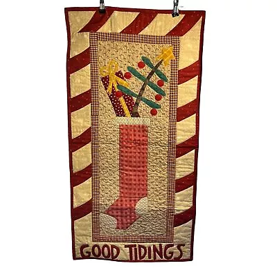 Vtg Christmas Quilt Wall Hanging Good Tidings W Rod Slot 17.5” X 35” HTF OOAK • $20