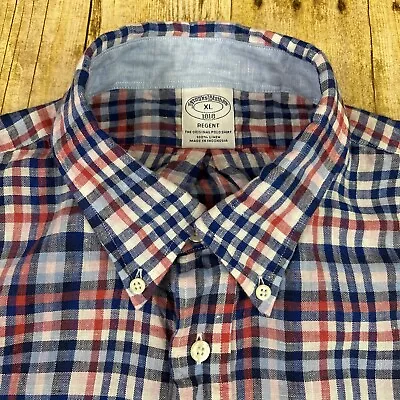 Brooks Brothers Regent Linen Shirt XL Short Sleeve Red White Blue Gingham Checks • $29.95