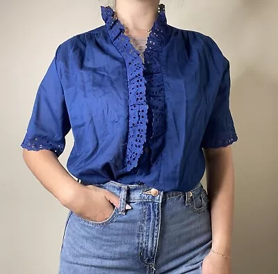 Carefree Fashions AZ Vintage 70s Blue Cotton Eyelet Ruffle Blouse Top Small • $40