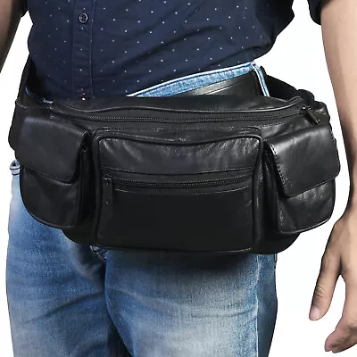 Large Black Solid Leather Waist Fanny Pack Belt Bag Travel Hip Purse • $16.97