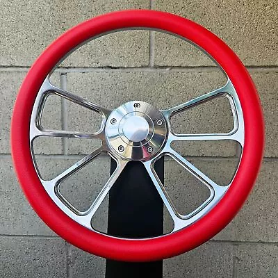 14  CNC Billet 4 Spoke Steering Wheel With Red Vinyl Half Wrap And Plain Horn • $150.99