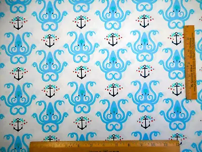 Nautical Fabric By Half-Yard Navy Blue Anchor Blue Octopus On White Cotton Vtg • $4.46