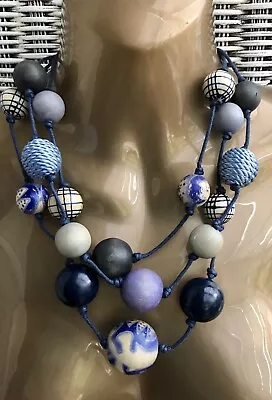 NEW Multi Row Wood Beads Necklace Retro Silk Thread Covered Blues Ethnic Boho • £12.99