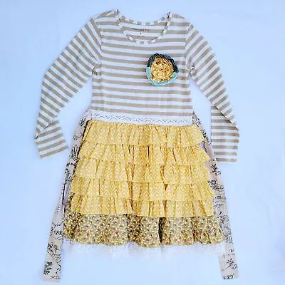 Mustard Pie Girl's Mixed Print And Lace Long-sleeve Apron Dress - Size 6 • $17.99