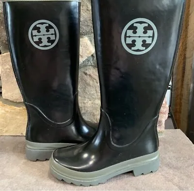 Tory Burch Tall Logo Black & Gray Rubber Rain Boots Size 6 US • $28