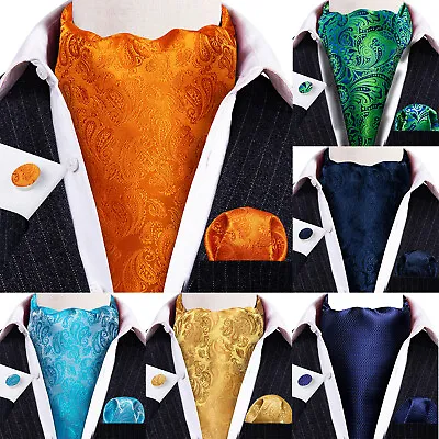 100 Colors Mens Silk Ascot Cravat Vintage Tie Paisley Scarf Hanky Cufflinks Set • £11.99