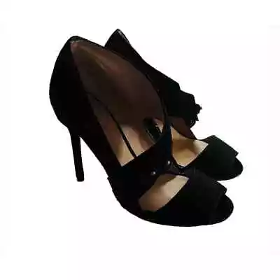 L.A.M.B Suede Leather Open Toe Stiletto Heels Size 7.5 Black • $35.99