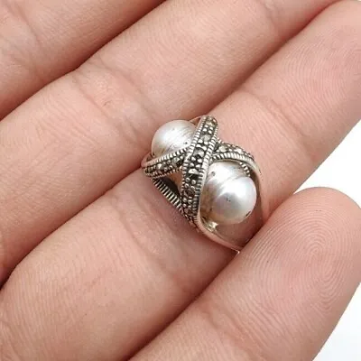 Mother Of Pearl Marcasite 925 Sterling Silver Gift Beautiful Gift Rings 5.5 Gm • $11.56