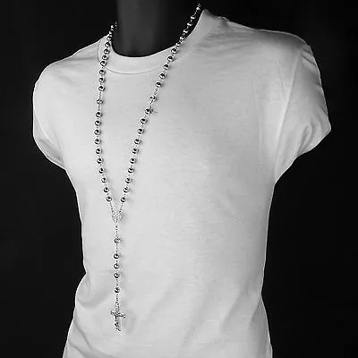 Hip Hop 8mm SILVER Plated Beads D-Shape Cubic-Zirconia Rosary & Jesus Cross • $12.99