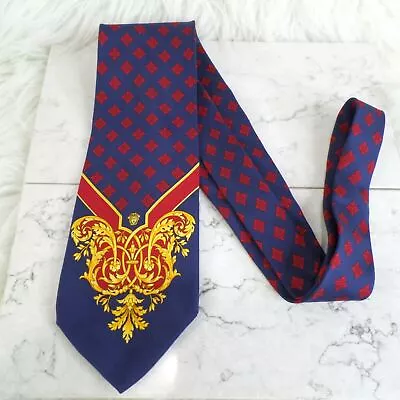 GIANNI VERSACE VINTAGE '90s MEDUSA BAROQUE Diamond TIE Navy Blue Red ITALY • $129