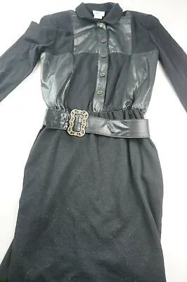 Vintage 80s Mr. Mort Women 12 Black A-Line Belted Patch Accent Dress NWT F6122 • $46