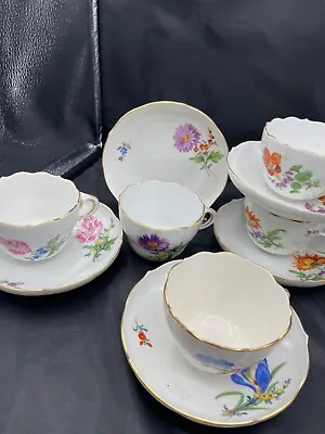 Meissen Hand Painted Flowers & Gold Entwined Handle Tea Cups & Saucers Set Of 5 • $695