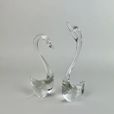 Vintage MCM Clear Glass Swan Pair Figurines - 8” & 9” Inches Tall Retro Decor • $14.25