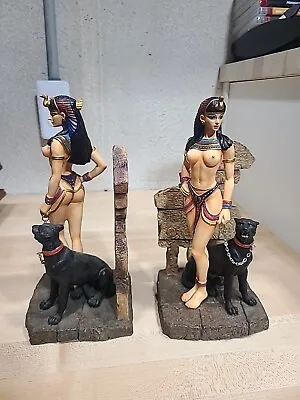 Veronese Egyptian Princess Chained Panther Bookend Sculptures Pair Nude Cracked* • $39.95