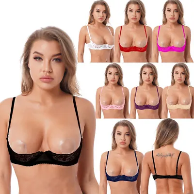 Women's Lace Underwired Unlined Shelf Bra Sheer Lace 1/4 Push Up Cup Bralette • $5.75