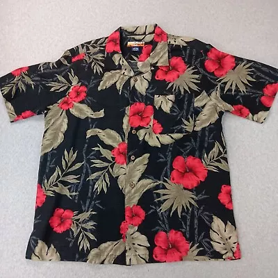 Havana Jack Cafe Shirt Men's Large Black Tan & Red Tropical Print 100% Silk • $18.69