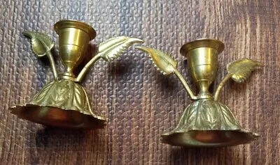 Vintage Solid Brass Candle Holder Leaf Leaves Set Of 2 • $25