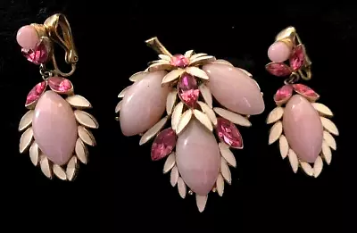 Vintage Jewelry Set Rhinestone Pink Lucite Cabochons Enamel Brooch Clip Earring • $10.50
