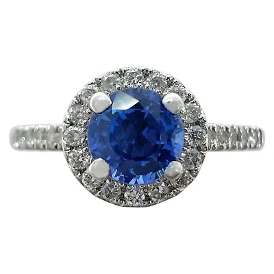 Fine Vivid Blue Round Cut Ceylon Sapphire Diamond White Gold Halo Cocktail Ring • £560