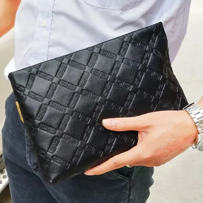 Genuine Leather Men's Bag Black Diamond Pattern Business Cowhide Clutch Bag   • $79.90