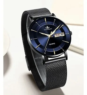 Mens Watch.. Ultra Thin Blue & Black Business Watch With Mesh Strap Quartz UK • £16.50
