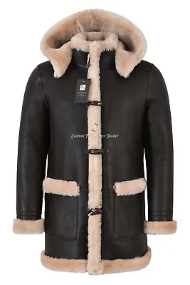 Men's Leather Sheepskin Duffle Coat Brown Beige Fur Hooded 100% Shearling Ivar • $621.68