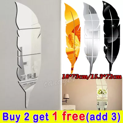 £4.99 • Buy Feather Mirror Tiles Wall Stickers Self Adhesive Decor Stick  On Art Home Decal*