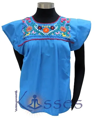Mexican Peasant Blouse Hand Embroidered Top Colors Vintage Style Tunic - SkyBlue • $18.88
