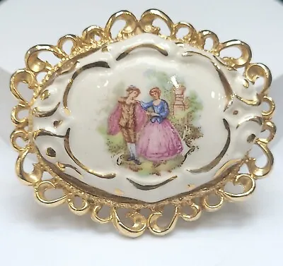 £7.99 • Buy Large Vintage Porcelain China Romantic Couple Lovers Gold Framed Brooch Clasp