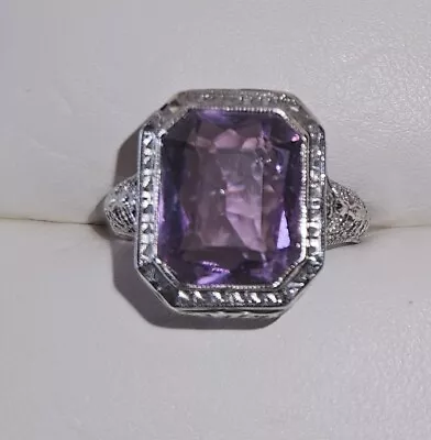 14k White Gold JJS Vintage Deco Amethyst Dragonfly Filigree Ring 5.6ct Sz 6.25   • $54