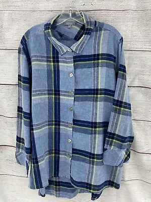 Habitat Clothes To Live In Women's 3/4 Sleeve Button Up Large Plaid Linen Blend • $25